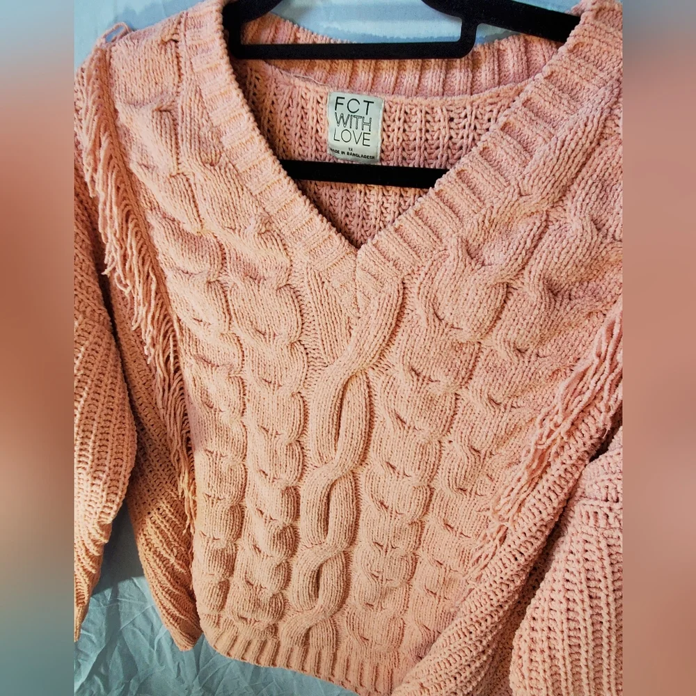 FCT with Love Women's Pink Cable Knit with Fringe Sweater Size 1x